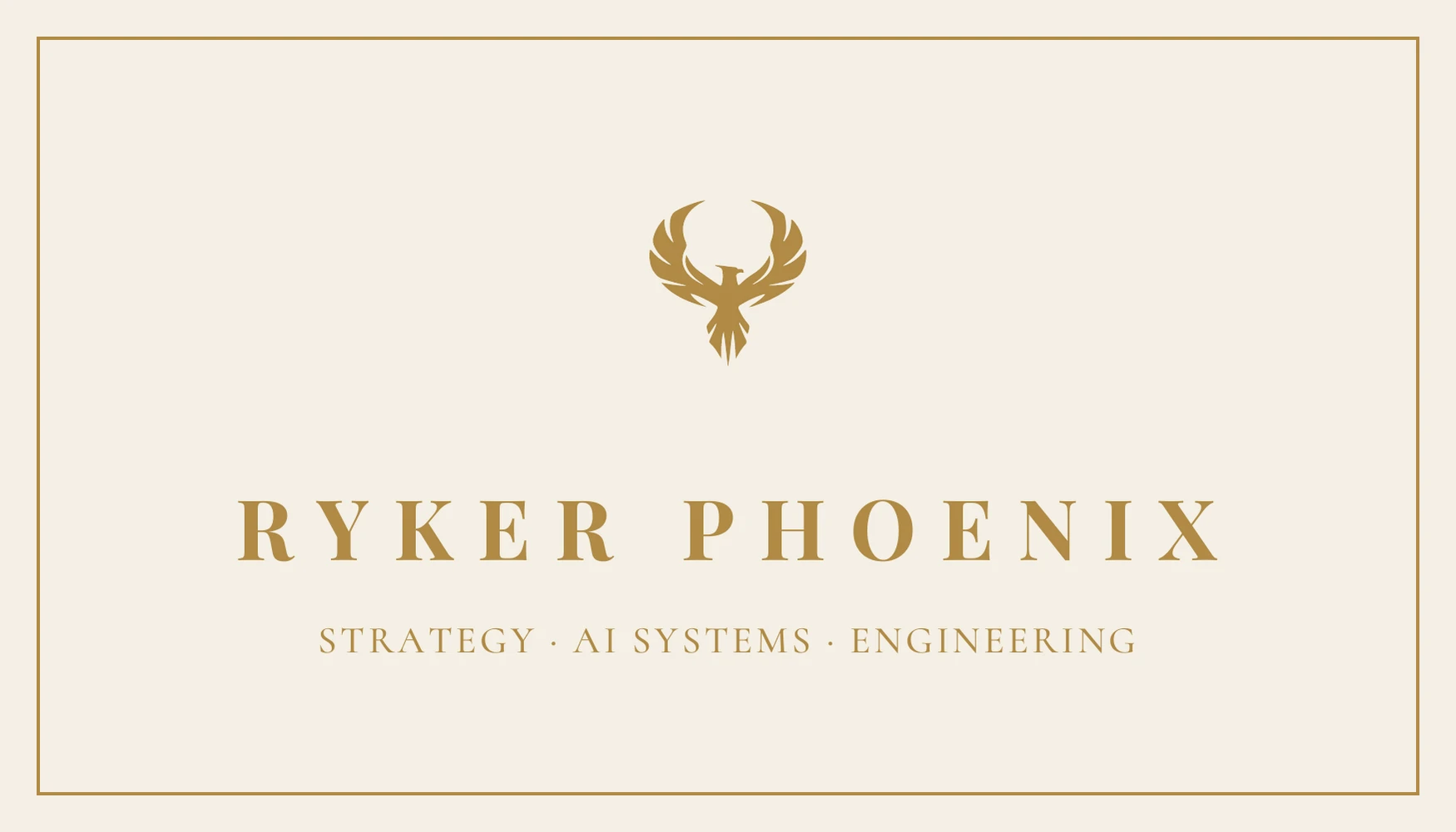 Ryker Phoenix business card, front: phoenix mark, Ryker Phoenix, Strategy · AI Systems · Engineering